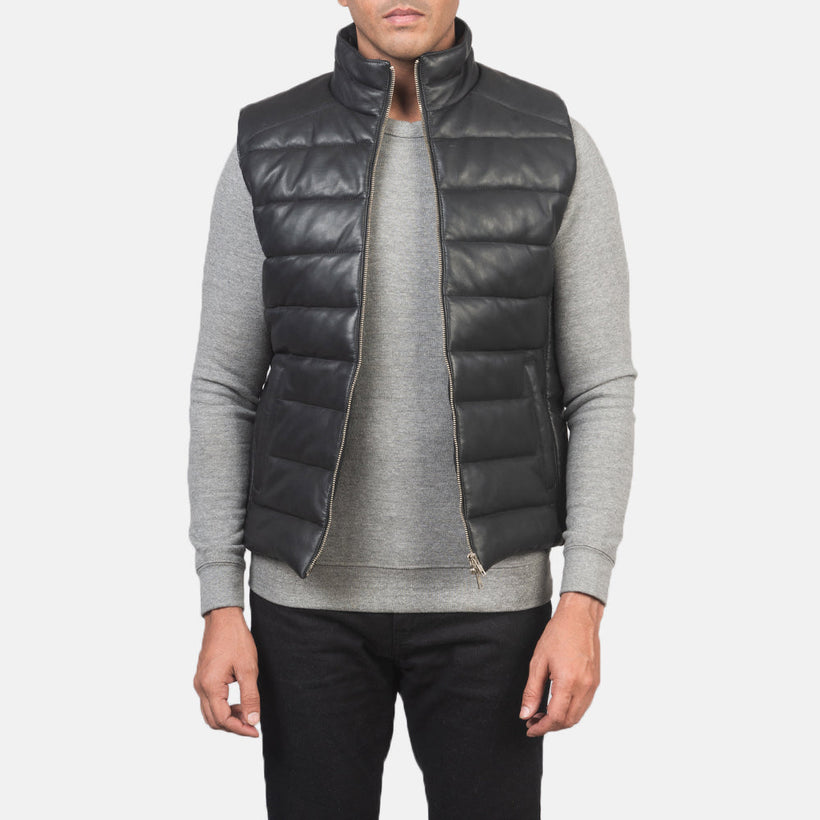 Reeves 黑色 Leather Puffer Vest 男士