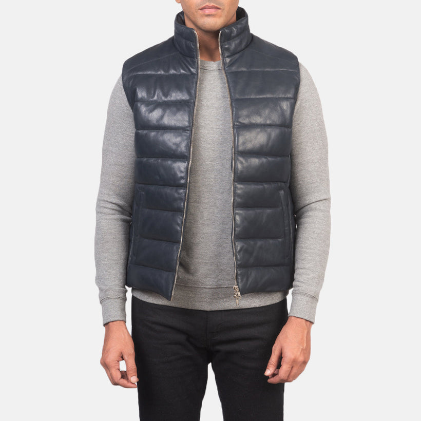 Reeves Blue Leather Puffer Vest 男士