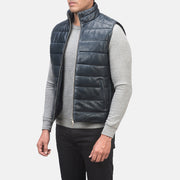 
Blue Sheepskin leather Vest - 展现肩线贴合与利落下摆的背部视角