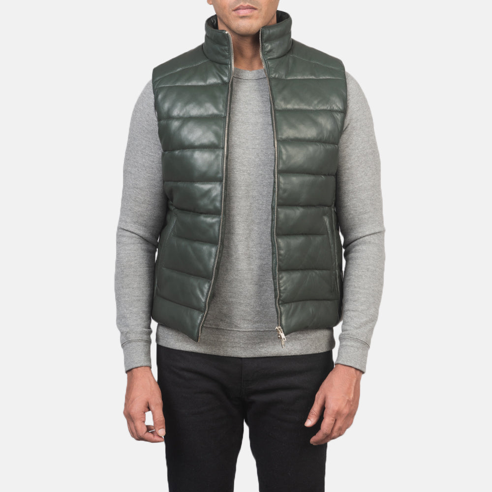 
Reeves 墨绿色 Leather 保暖羽绒夹棉马甲 男士 in Green Sheepskin Leather - 正面版型与定制立体剪裁轮廓 | 官方商城选购