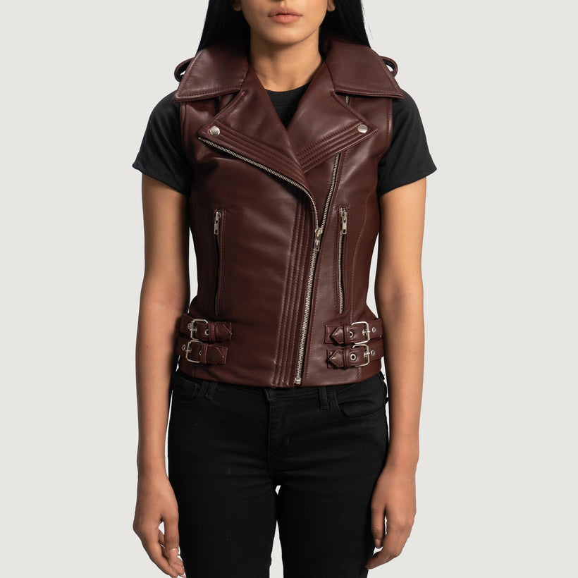 Rhonda Maroon Leather Biker Vest 女士