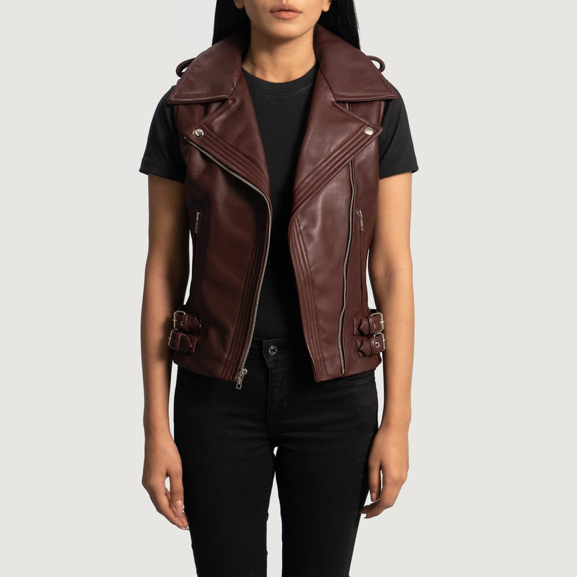 Rhonda Maroon Leather Biker Vest 女士