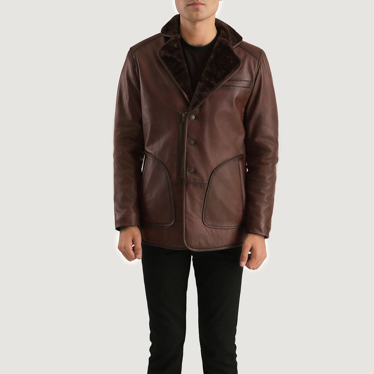 
Rocky 复古棕 Fur 真皮大衣 男士 in Distressed Brown Sheepskin Burnishing - 正面版型与定制立体剪裁轮廓 | 官方商城选购