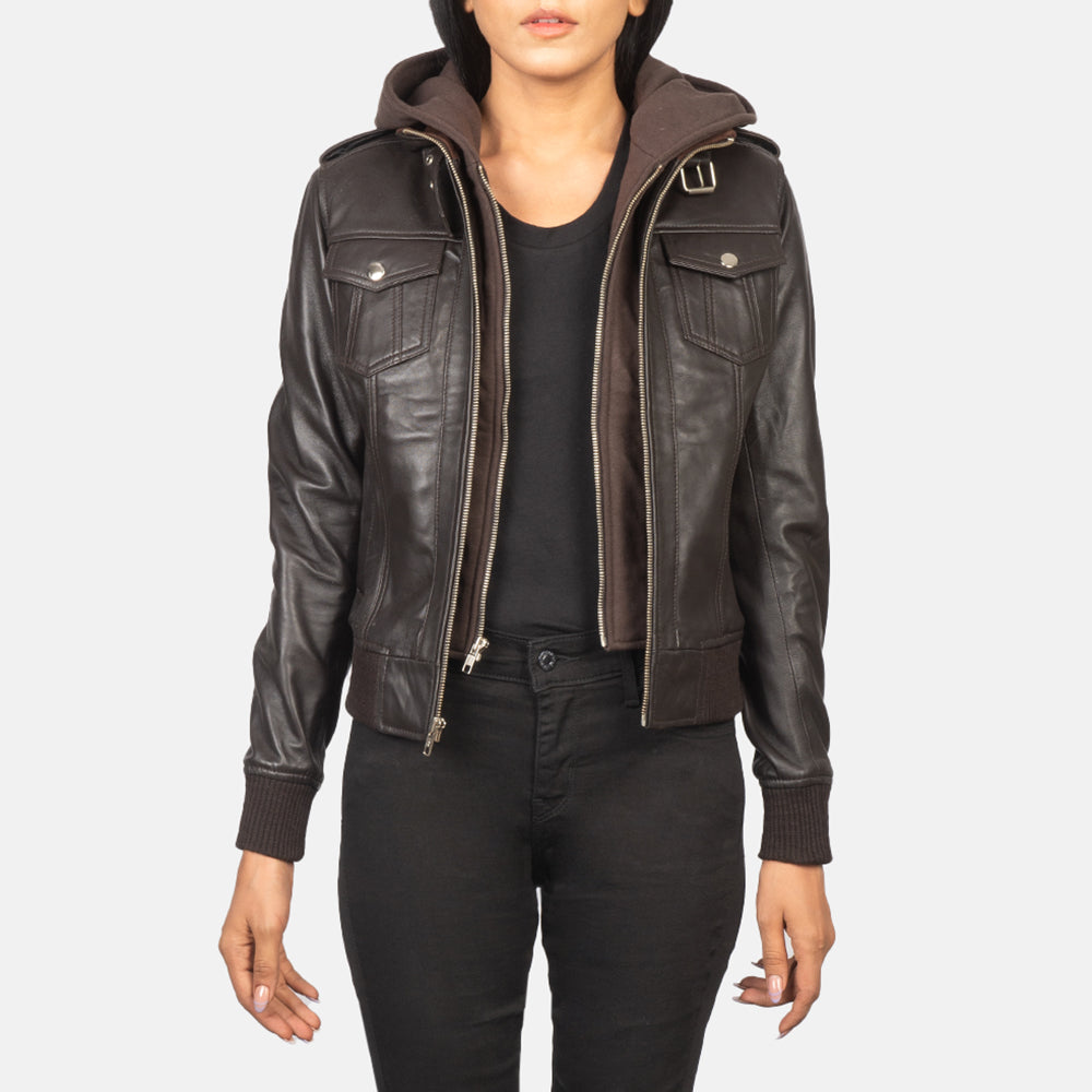 
Roslyn Brown Hooded Leather Bomber Jacket in Brown Sheepskin Leather - 正面版型与定制立体剪裁轮廓 | 官方商城选购