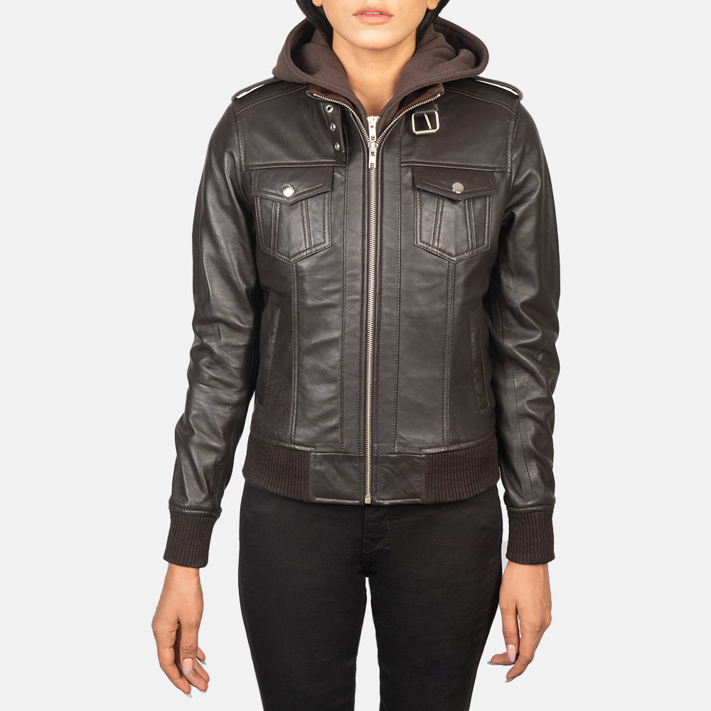 
细节特写 of High Neck with Belt & Zipper Hardware on Roslyn Brown Hooded Leather Bomber Jacket