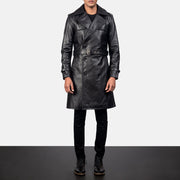 Men's Royson 黑色 Leather Duster 真皮大衣 男士 in Black Cowhide Leather - Front Profile View &amp; Tailored Silhouette | Buy Online