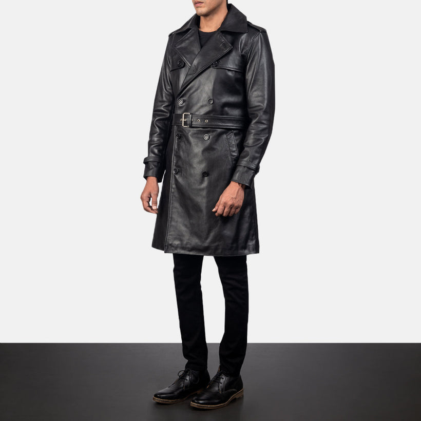 Royson 经典黑 Leather Duster 真皮大衣 男士