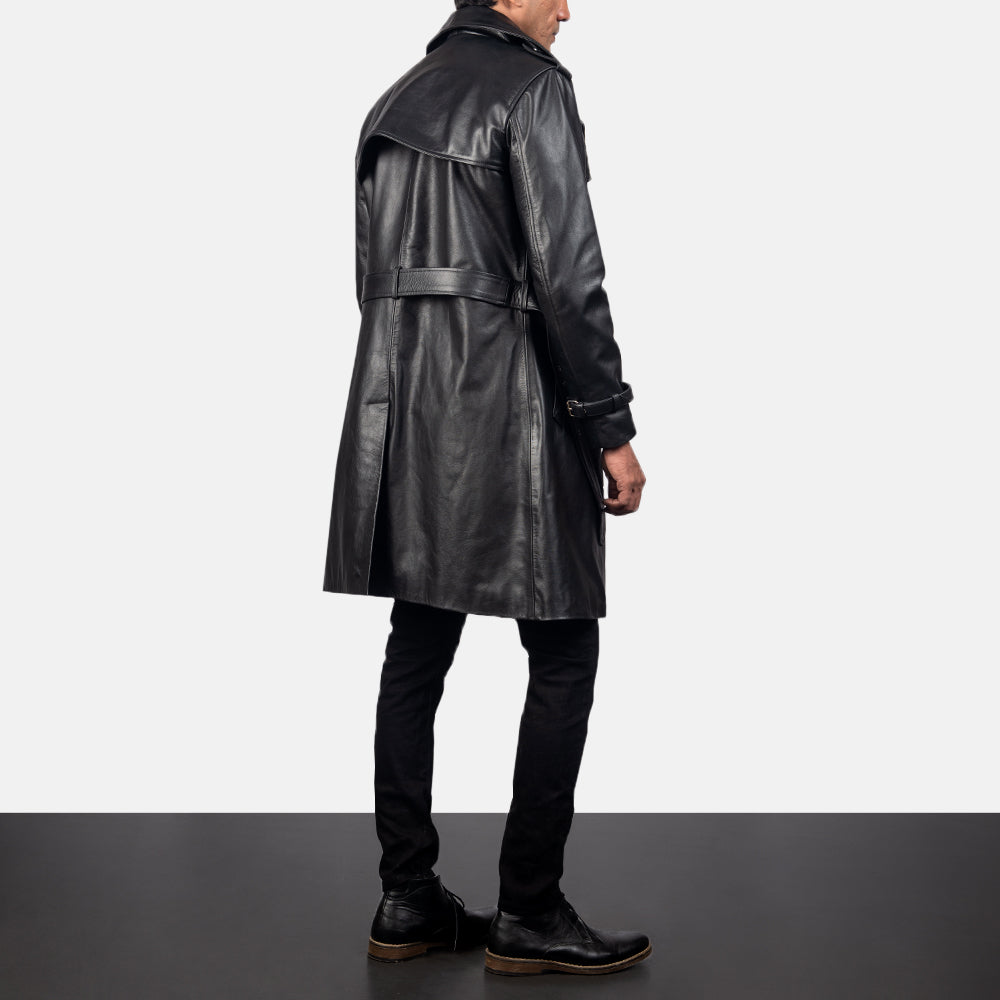 Men's Royson 黑色 Leather Duster 真皮大衣 男士 - Lateral Side Profile View Showing Sleeve Cut &amp; Athletic Taper Fit