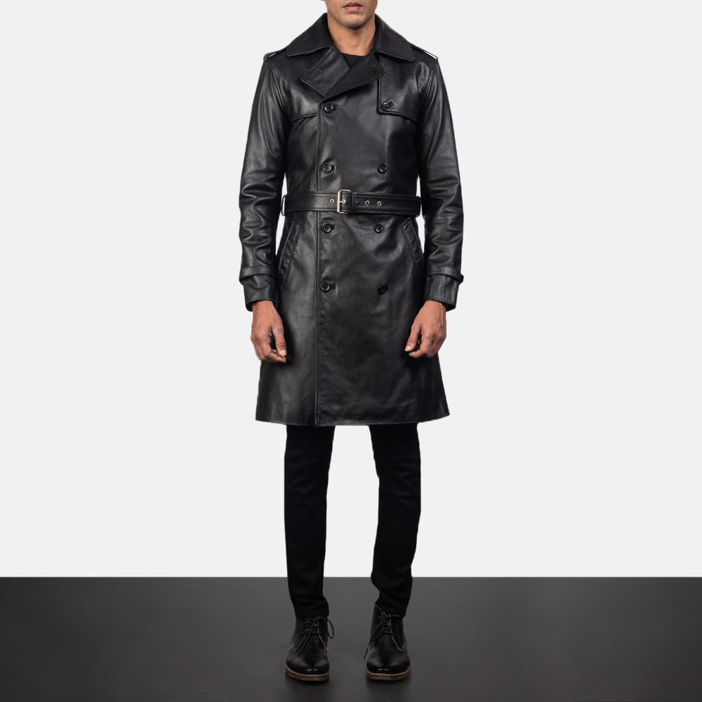Close-Up Detail of Shirt &amp; Heavy-Duty Zipper Hardware on Men's Royson 黑色 Leather Duster 真皮大衣 男士