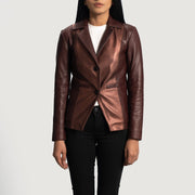 Women's Ruby Metallic Maroon 真皮西装外套 女士 in Maroon Sheepskin Leather - Front Profile View &amp; Tailored Silhouette | Buy Online