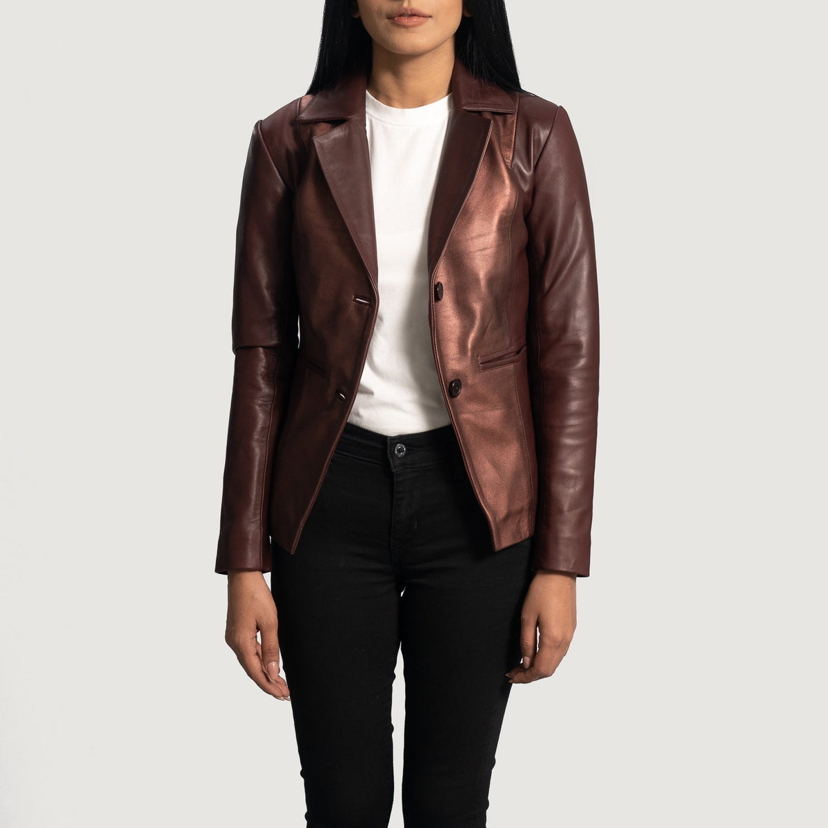 Women's Ruby Metallic Maroon 真皮西装外套 女士 - Lateral Side Profile View Showing Sleeve Cut &amp; Athletic Taper Fit