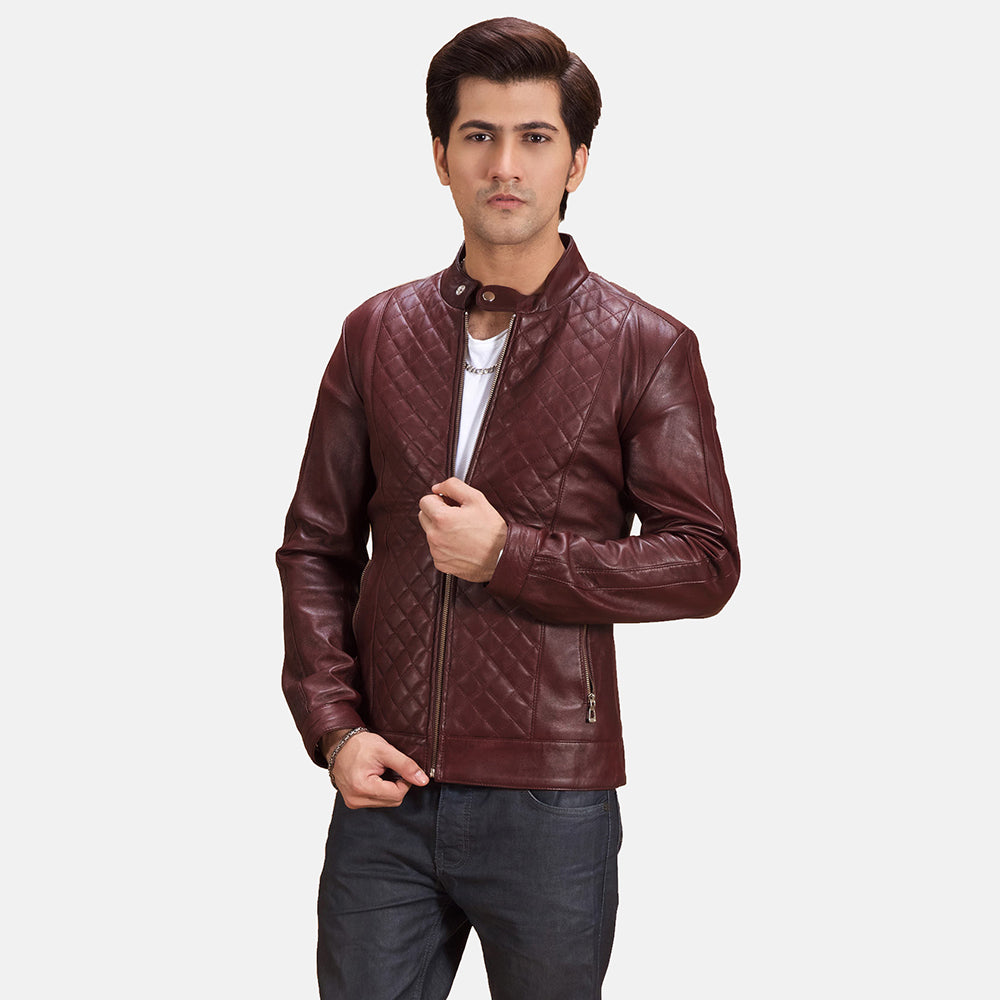 
Rumano Jae 栗褐色 真皮机车皮衣 男士 in Maroon Sheepskin Leather - 正面版型与定制立体剪裁轮廓 | 官方商城选购