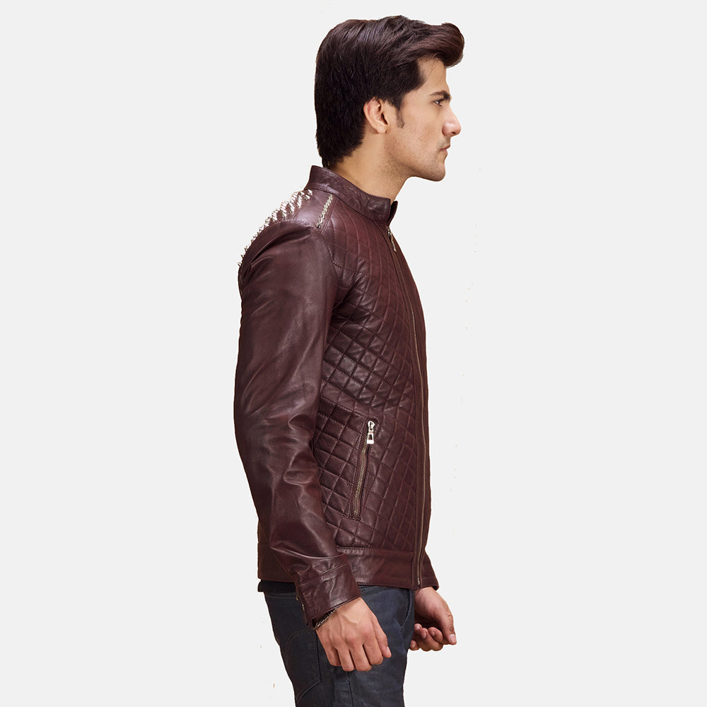 
Maroon Sheepskin Leather Biker Jacket - 展现肩线贴合与利落下摆的背部视角