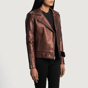 
Maroon Sheepskin Leather Biker Jacket - 展现肩线贴合与利落下摆的背部视角