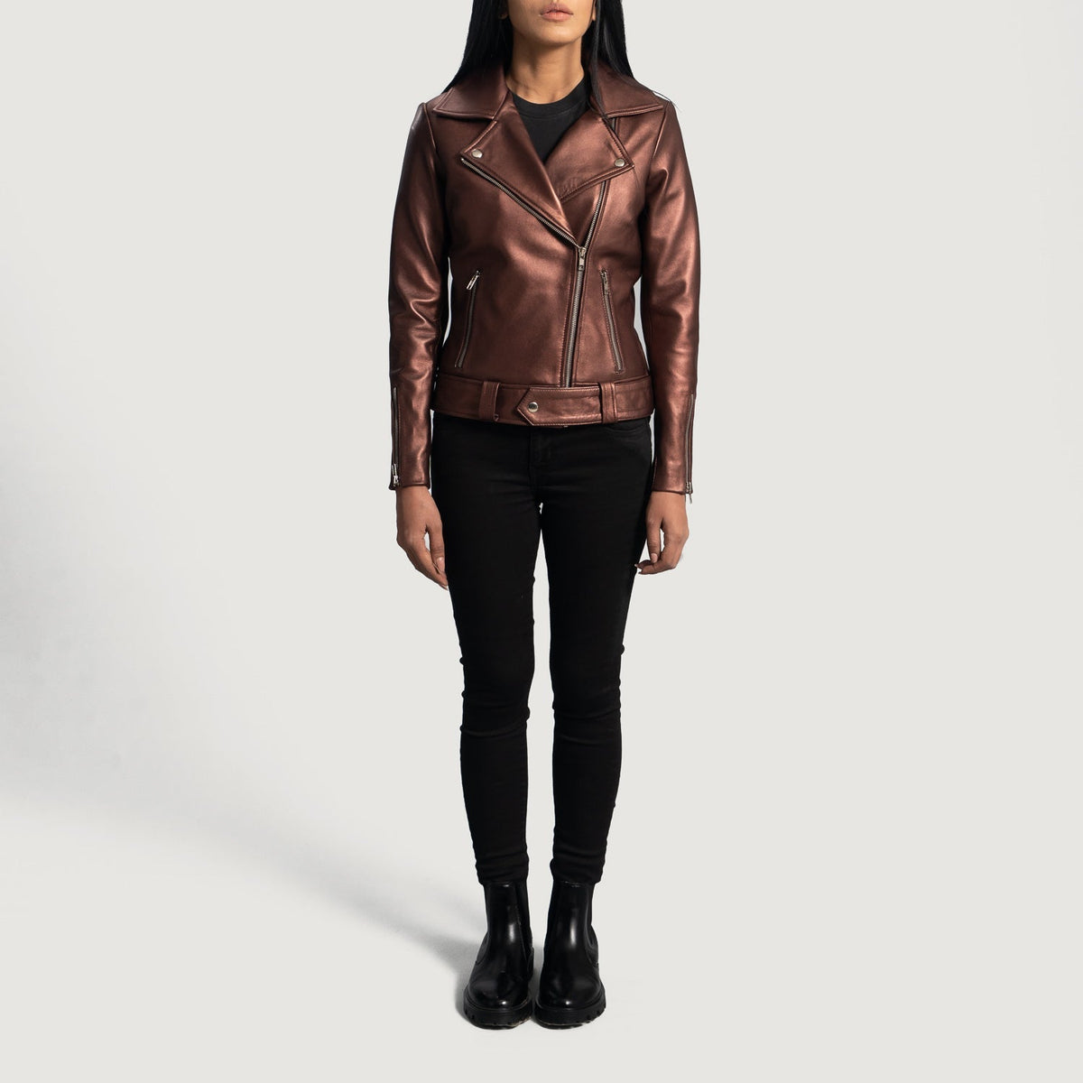 
细节特写 of Notch & Zipper Hardware on Rumy Maroon Leather Biker Jacket