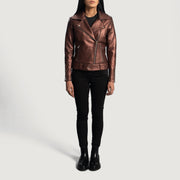 
细节特写 of Notch & Zipper Hardware on Rumy Maroon Leather Biker Jacket