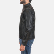 Rustic Black Leather Biker Jacket - Lateral Side Profile View Showing Sleeve Cut &amp; Athletic Taper Fit