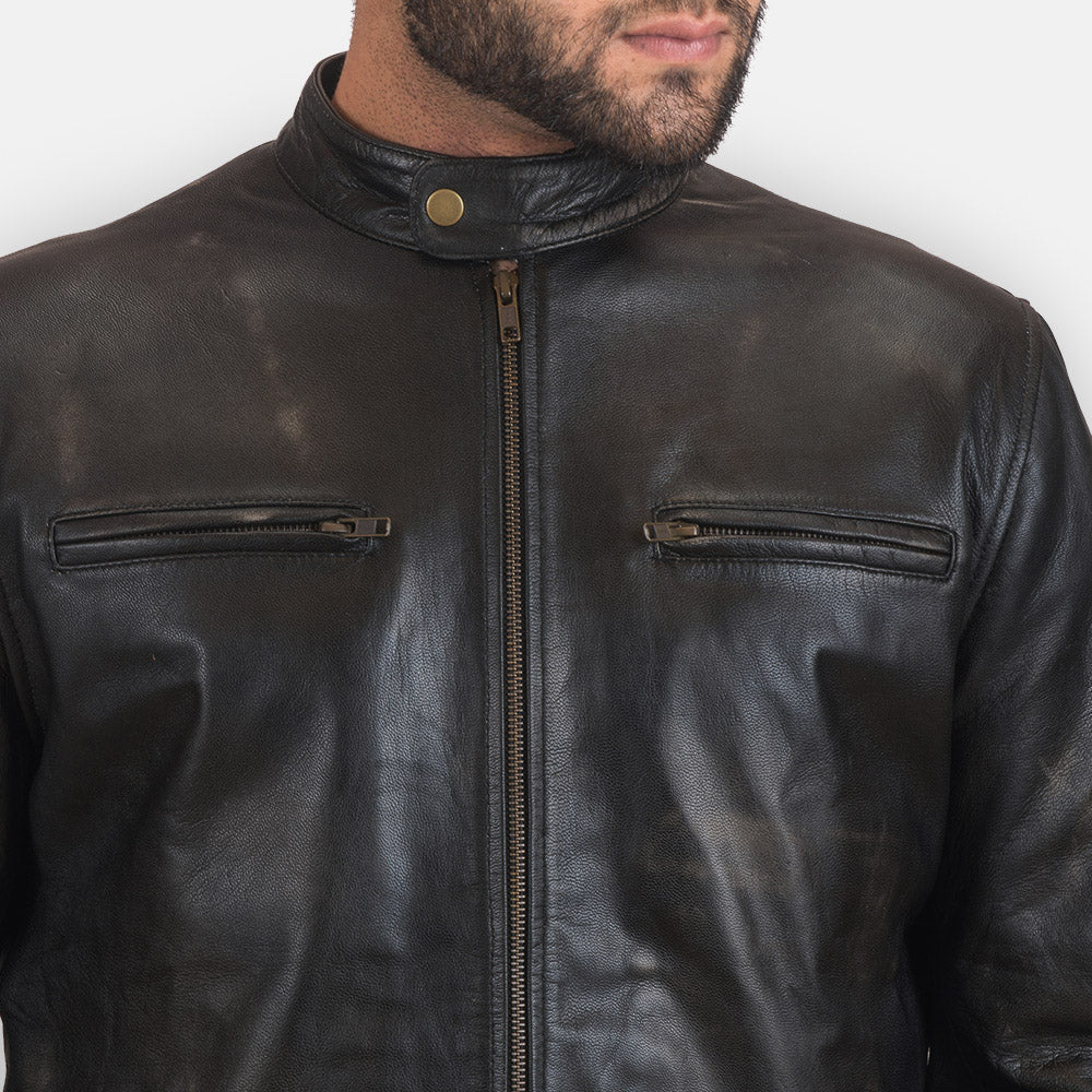 Close-Up Detail of Band with snap button &amp; Zipper Hardware on Rustic Black Leather Biker Jacket