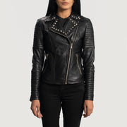Women's Sally Mae Studded 黑色 真皮机车夹克 女士 in Black Sheepskin Leather - Front Profile View &amp; Tailored Silhouette | Buy Online