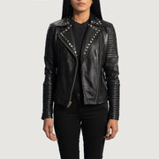 Women's Sally Mae Studded 黑色 真皮机车夹克 女士 - Lateral Side Profile View Showing Sleeve Cut &amp; Athletic Taper Fit
