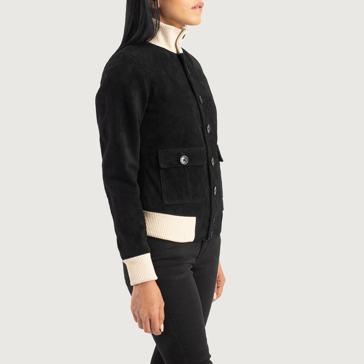 
Black Goatskin Suede Bomber Jacket - 展现肩线贴合与利落下摆的背部视角