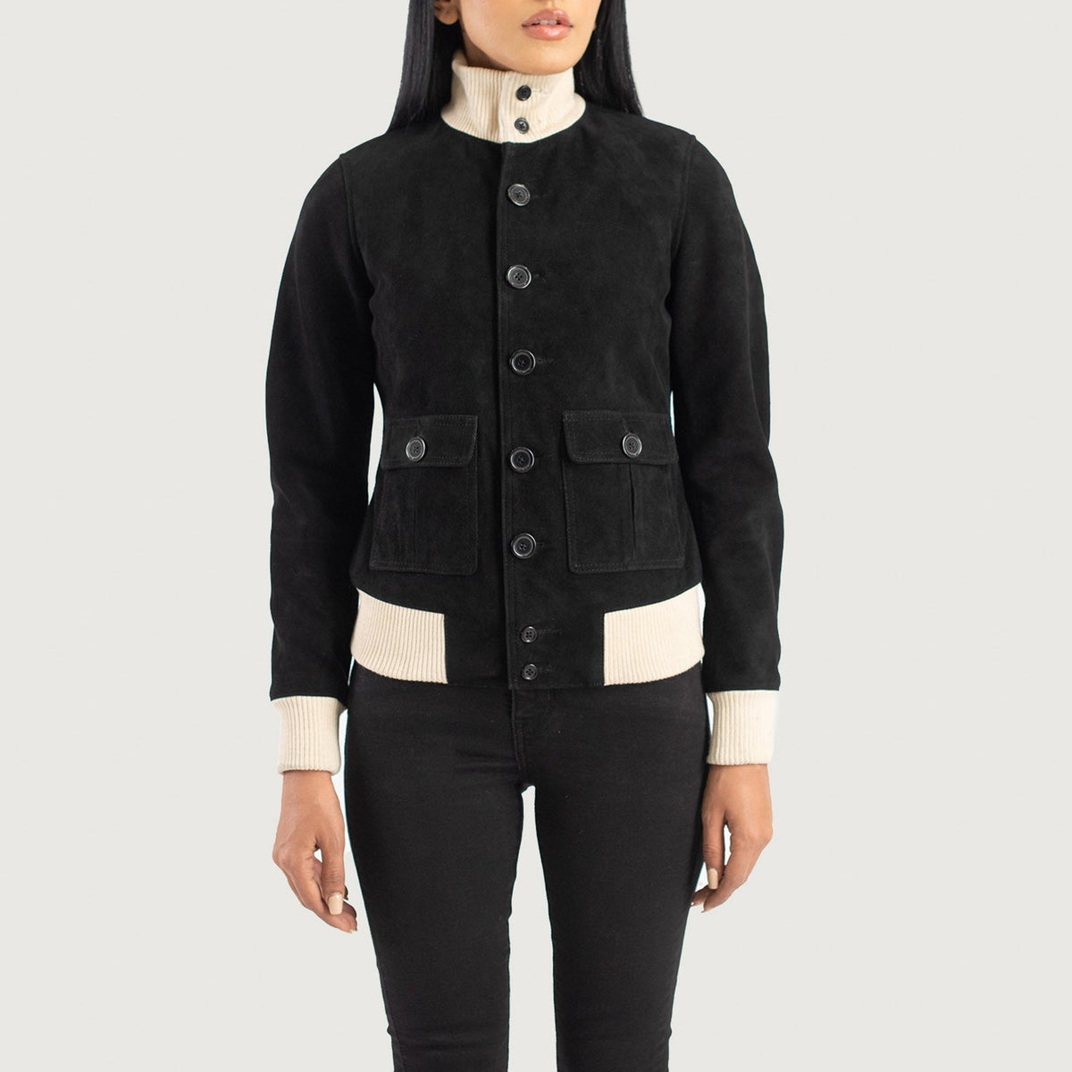 
细节特写 of Knit Rib & Buttons Hardware on Sasha A1 Black Suede Bomber Jacket