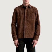 Scout Mocha Suede Leather Shirt 男士 - Lateral Side Profile View Showing Sleeve Cut &amp; Athletic Taper Fit