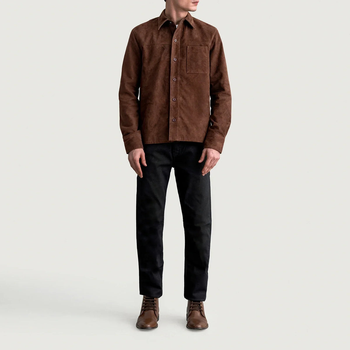 Close-Up Detail of Shirt &amp; Buttons Hardware on Scout Mocha Suede Leather Shirt 男士