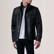 Sean 黑色 Snuffed Classic 真皮夹克 男士 For Men in Distressed Black Sheepskin Snuffed - Front Profile View &amp; Tailored Silhouette | Buy Online