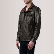 Sean 棕色 Leather Classic 真皮夹克 男士 For Men - Lateral Side Profile View Showing Sleeve Cut &amp; Athletic Taper Fit