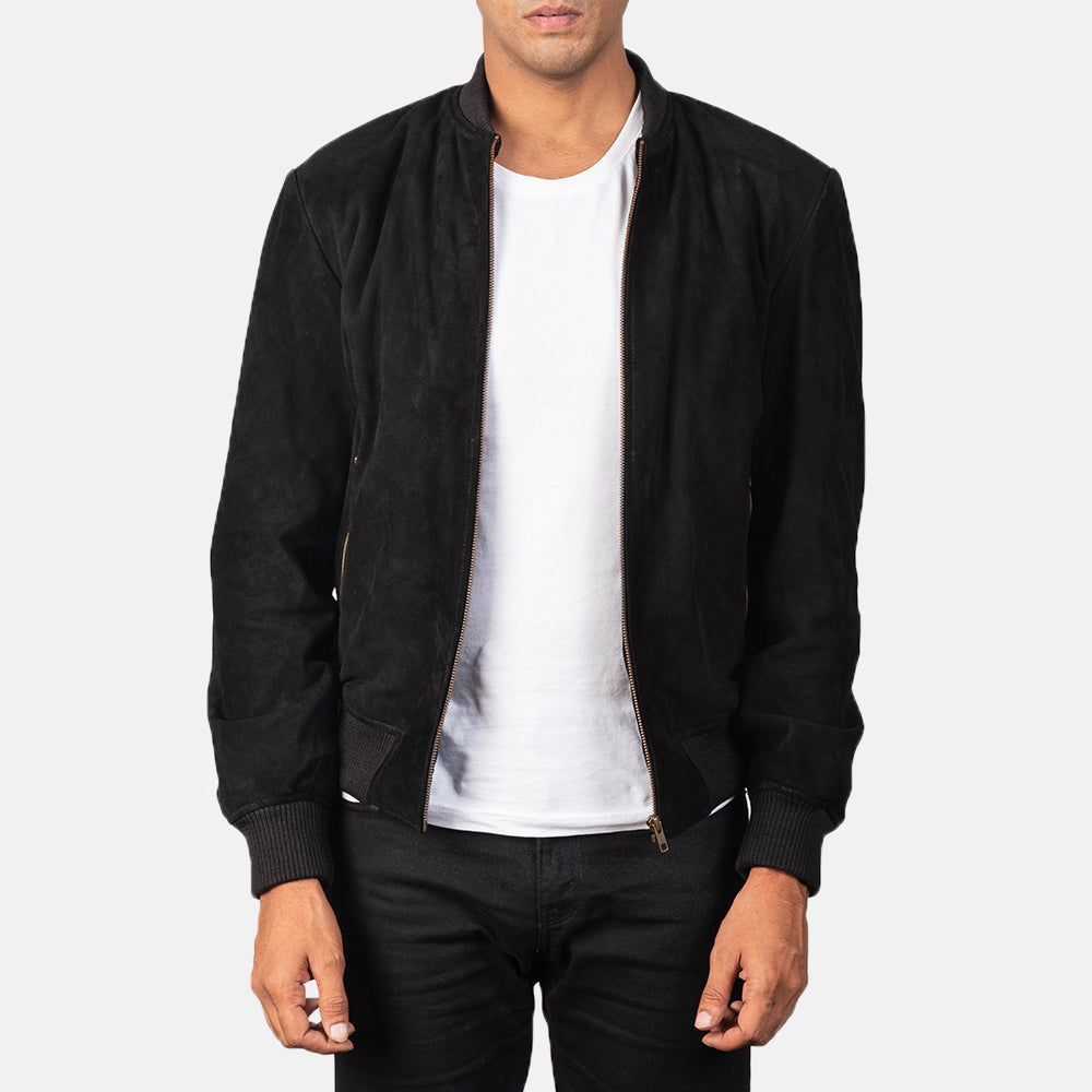 Men's Shane 黑色 Suede 真皮飞行员夹克 男士 in Black Goatskin Suede - Front Profile View &amp; Tailored Silhouette | Buy Online