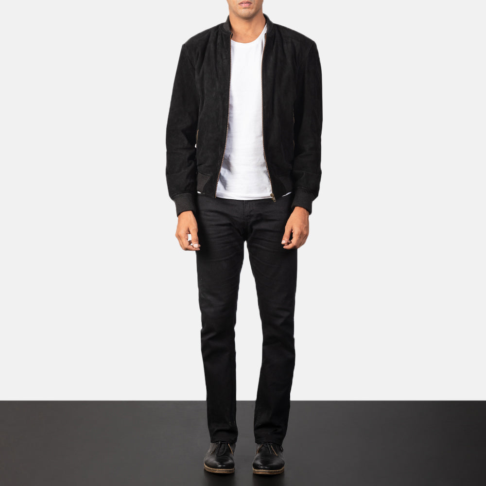 Men's Shane 黑色 Suede 真皮飞行员夹克 男士 - Lateral Side Profile View Showing Sleeve Cut &amp; Athletic Taper Fit