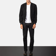 Men's Shane 黑色 Suede 真皮飞行员夹克 男士 - Lateral Side Profile View Showing Sleeve Cut &amp; Athletic Taper Fit