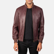 Men's Shane Maroon 真皮飞行员夹克 男士 in Maroon Sheepskin Leather - Front Profile View &amp; Tailored Silhouette | Buy Online