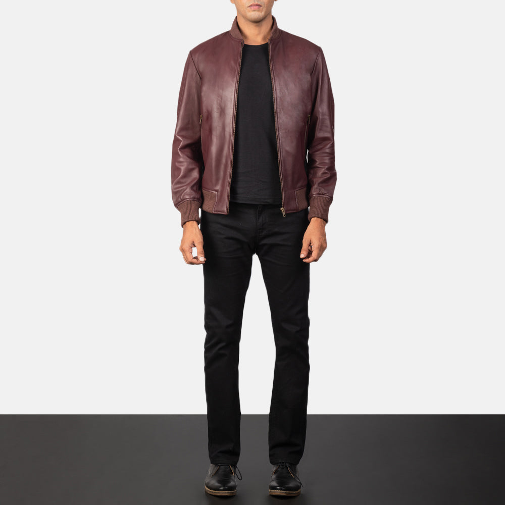 Men's Shane Maroon 真皮飞行员夹克 男士 - Lateral Side Profile View Showing Sleeve Cut &amp; Athletic Taper Fit