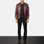 Men's Shane Maroon 真皮飞行员夹克 男士 - Lateral Side Profile View Showing Sleeve Cut &amp; Athletic Taper Fit