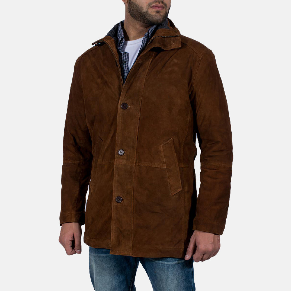 Men's Sheriff 棕色 麂皮夹克 男士 - Lateral Side Profile View Showing Sleeve Cut &amp; Athletic Taper Fit