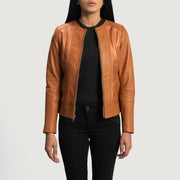 Women's Sleeky Clean 浅褐色 真皮机车夹克 女士 in Tan Brown Sheepskin Leather - Front Profile View &amp; Tailored Silhouette | Buy Online