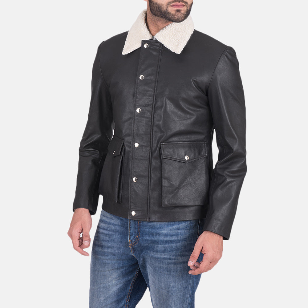 
Snow Cole 经典黑 真皮夹克 男士 in Black Goatskin Leather - 正面版型与定制立体剪裁轮廓 | 官方商城选购