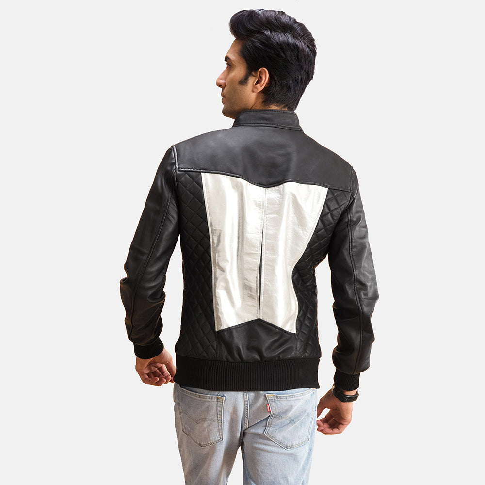 Spade Silver 黑色 真皮飞行员夹克 男士 - Lateral Side Profile View Showing Sleeve Cut &amp; Athletic Taper Fit
