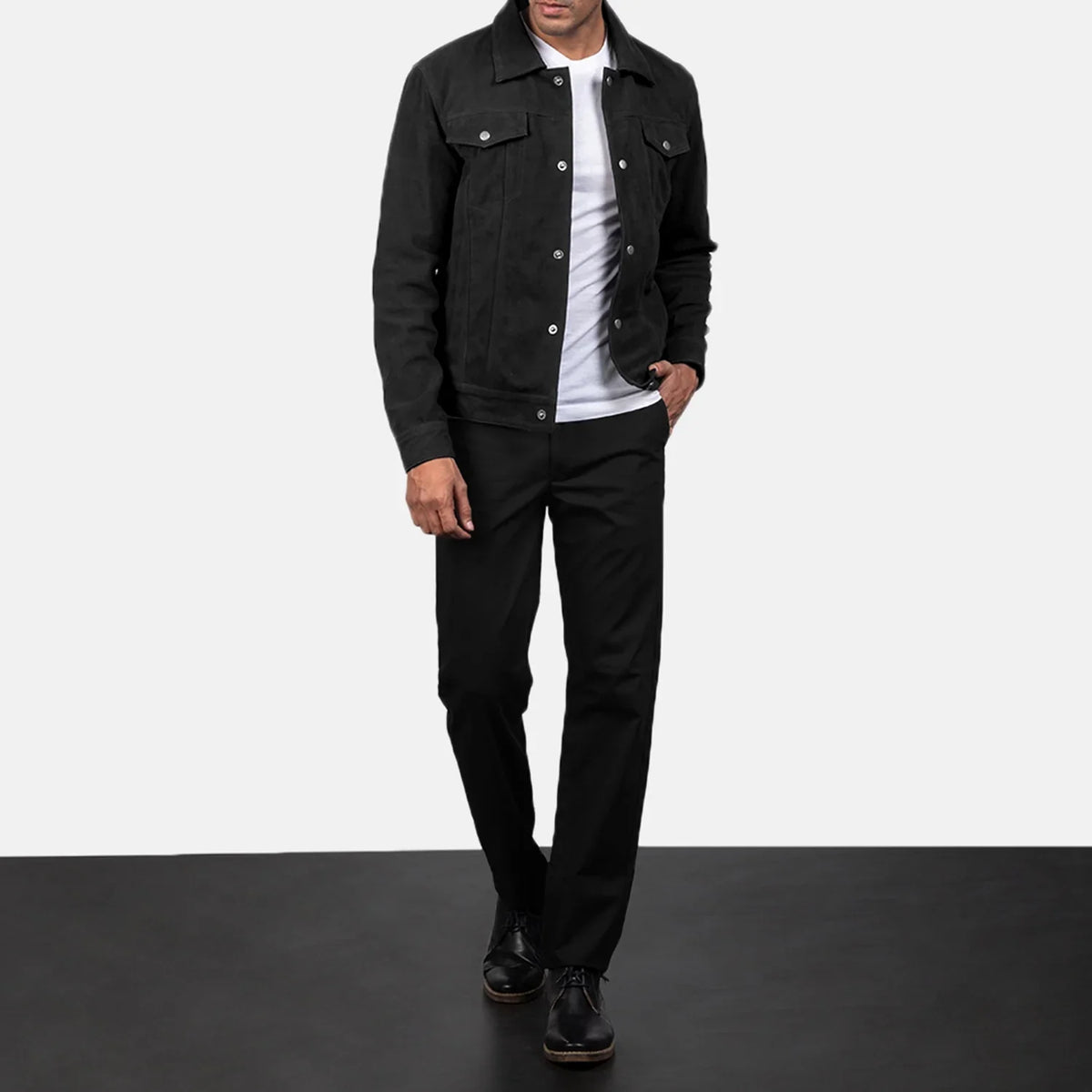 Men's Stallon Black Suede Jacket - Lateral Side Profile View Showing Sleeve Cut &amp; Athletic Taper Fit