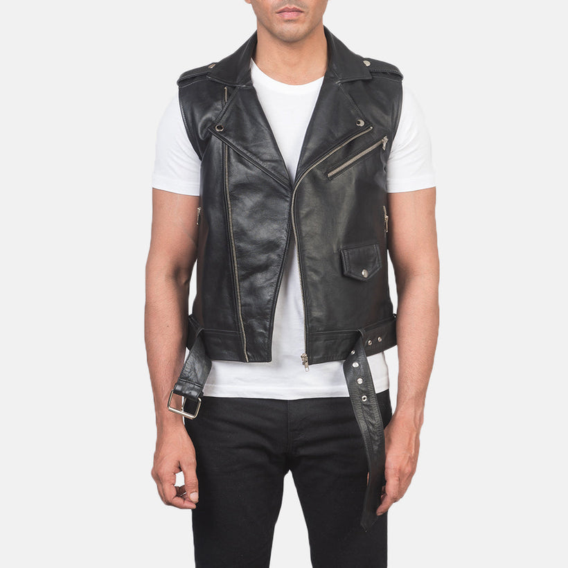 Sullivan 黑色 Leather Biker Vest 男士