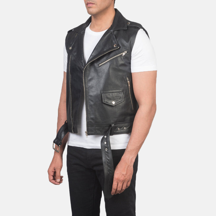 Sullivan 黑色 Leather Biker Vest 男士