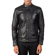 Men's Tea House 黑色 真皮机车夹克 男士 - Lateral Side Profile View Showing Sleeve Cut &amp; Athletic Taper Fit