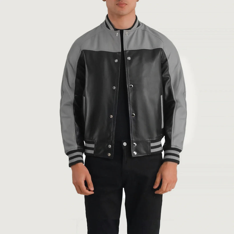 Terrance 黑色 Varsity 真皮夹克 男士