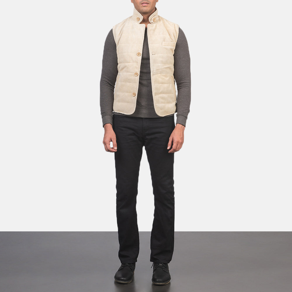Men's Tony Off-White Suede Vest 男士 - Lateral Side Profile View Showing Sleeve Cut &amp; Athletic Taper Fit