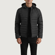 Tyler 黑色 Hooded Puffer 真皮夹克 男士 in Black Full-Grain Leather - Front Profile View &amp; Tailored Silhouette | Buy Online