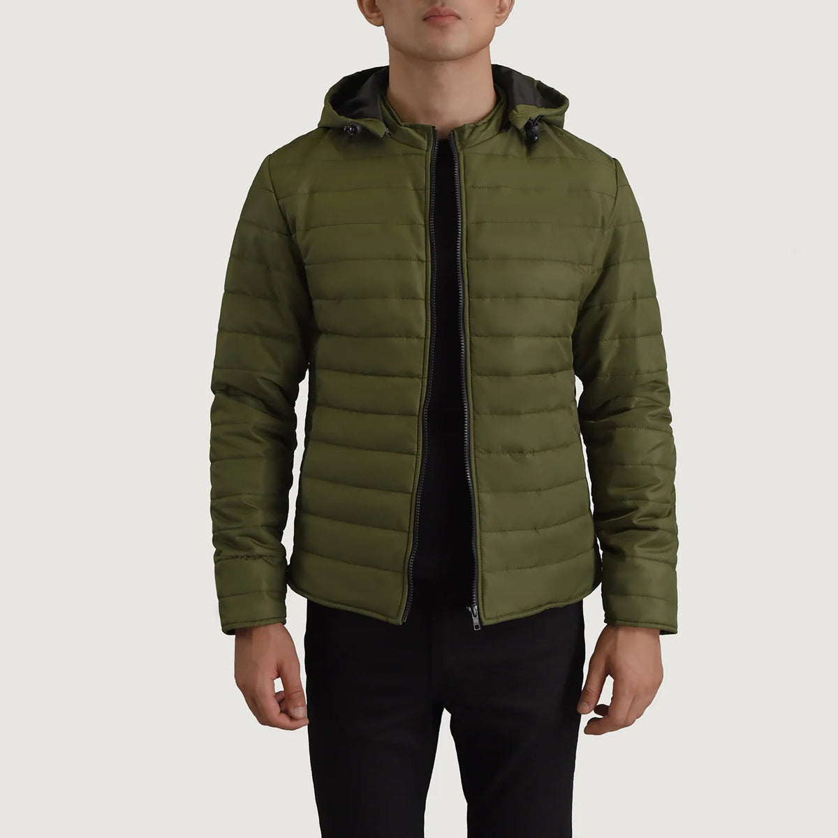 Tyler Green Hooded Puffer 真皮夹克 男士 in Green Full-Grain Leather - Front Profile View &amp; Tailored Silhouette | Buy Online