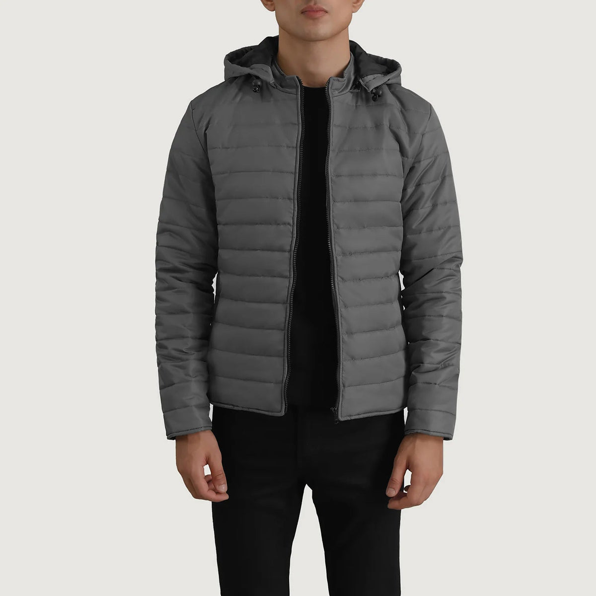 Tyler Grey Hooded Puffer 真皮夹克 男士 in Grey Full-Grain Leather - Front Profile View &amp; Tailored Silhouette | Buy Online