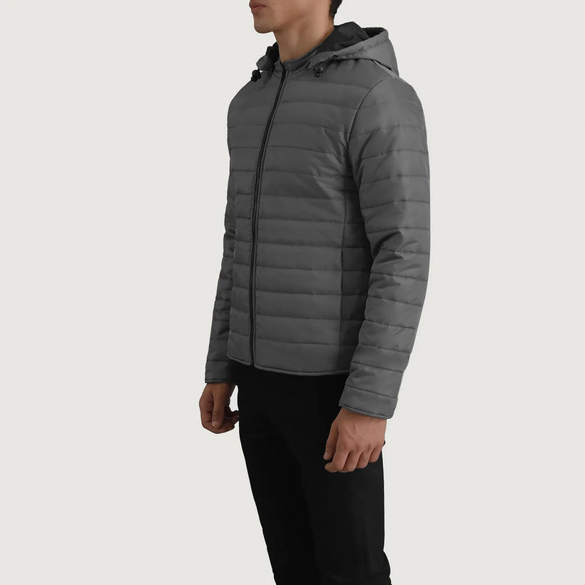 Tyler Grey Hooded Puffer 真皮夹克 男士